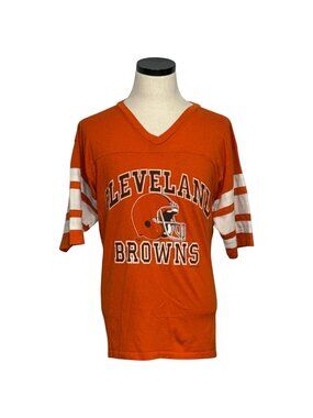 Vintage 80s Cleveland Browns Logo 7 Orange V-Neck Jersey With White Striped L